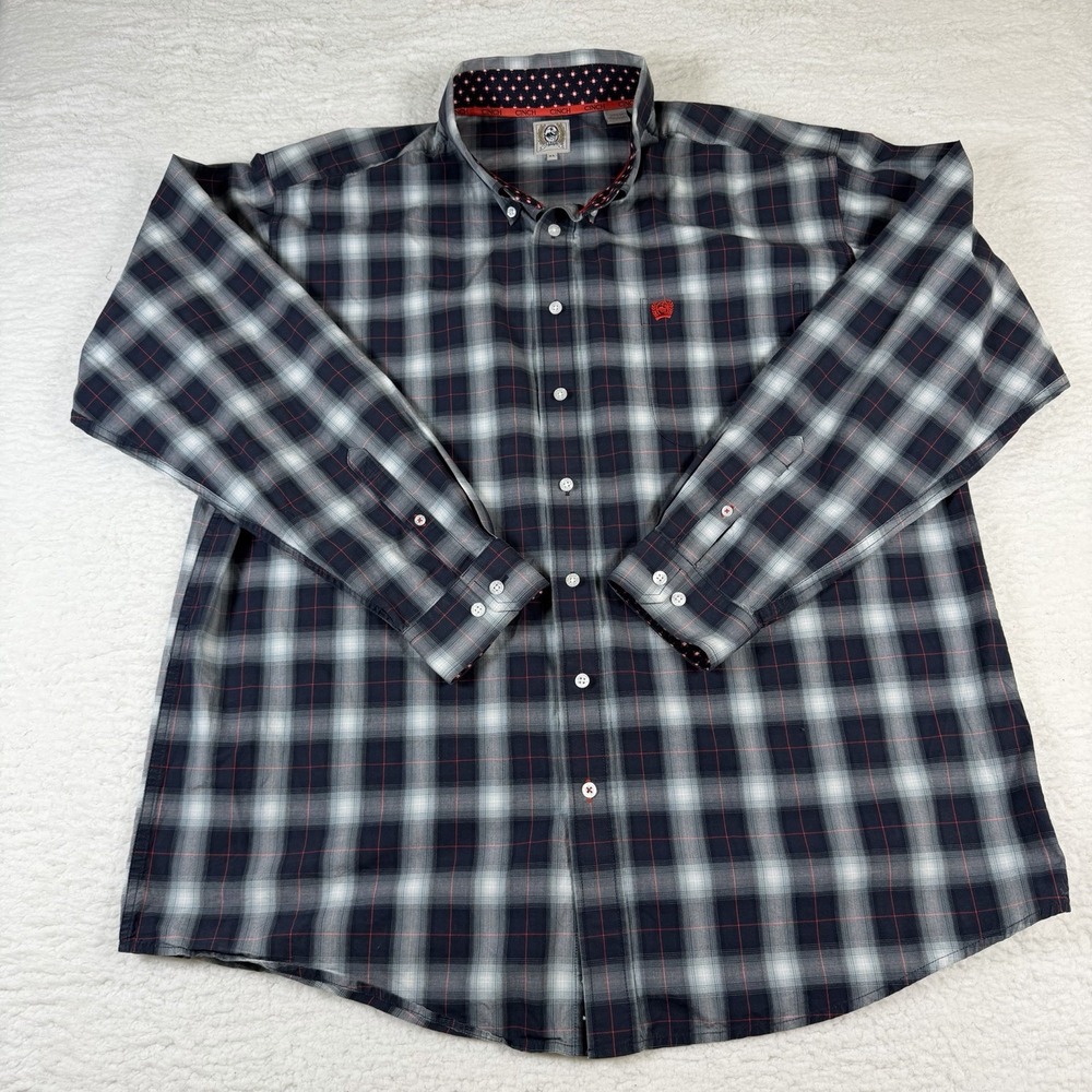 Cinch Mens XL Western Shirt Plaid Gray Navy Red Long Sleeve Cowboy Button Down